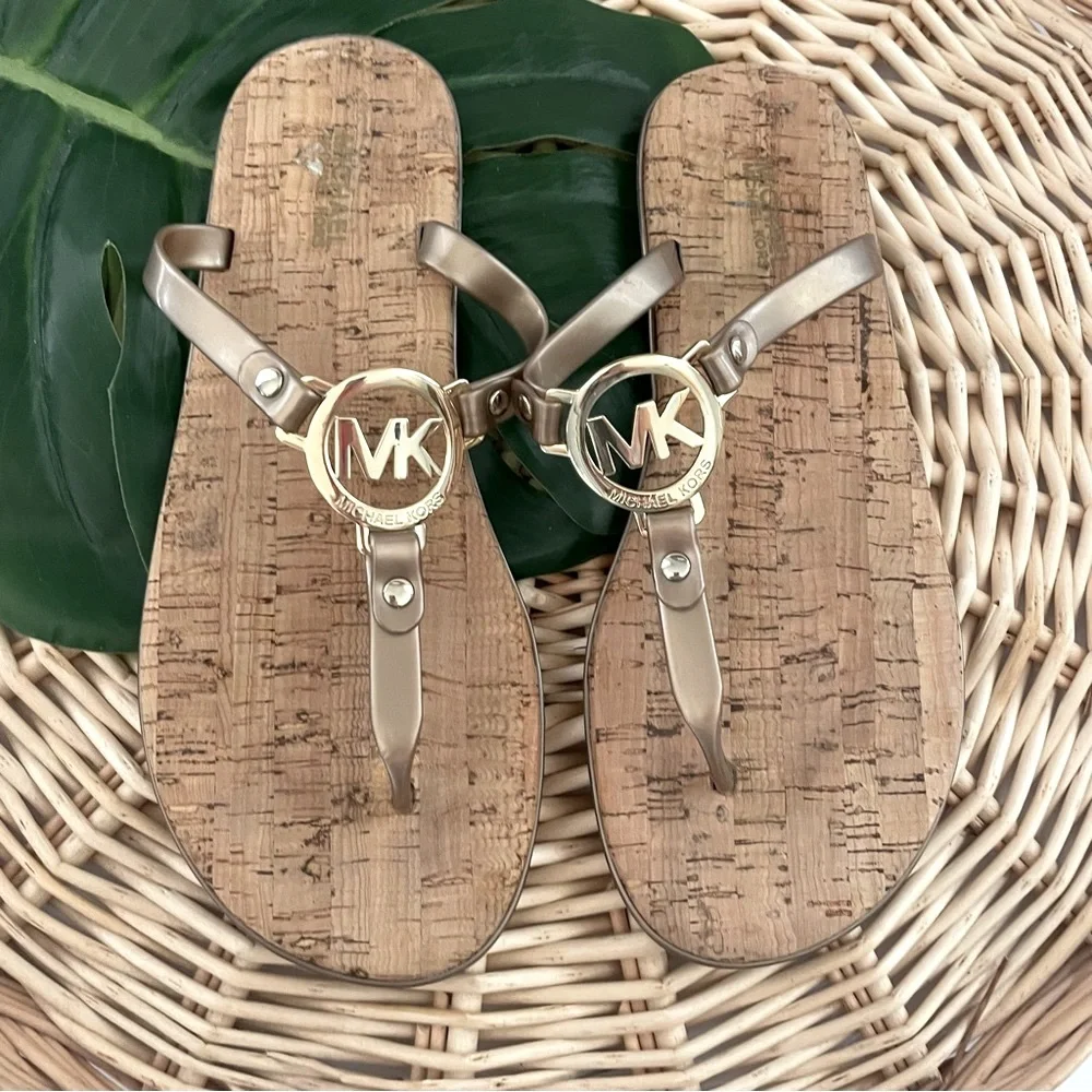 MICHAEL Michael Kors jelly flip-flops gold tone logo cork slip-on sandals size 8